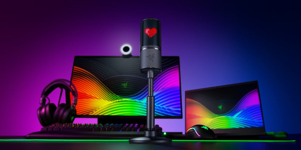 Razer Seiren Emote in front of other Razer Products