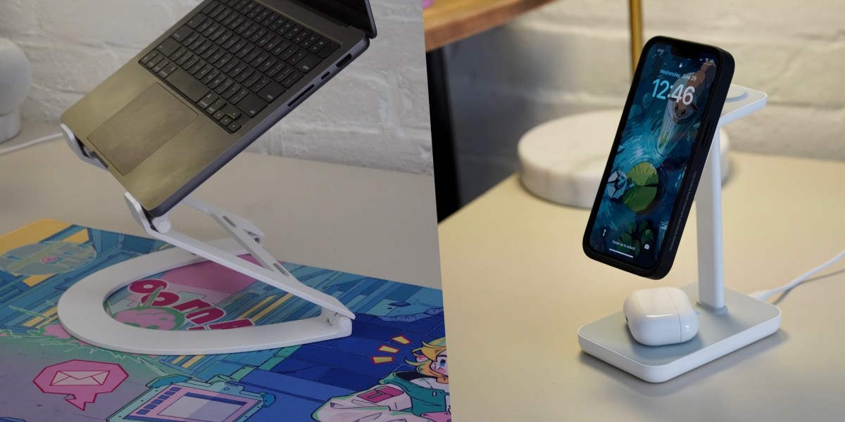 a desk with a laptop computer sitting on top of a table