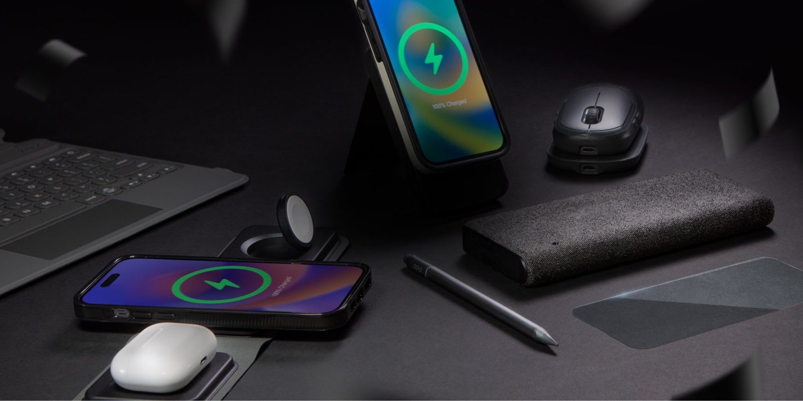 a desk with a computer mouse on a table