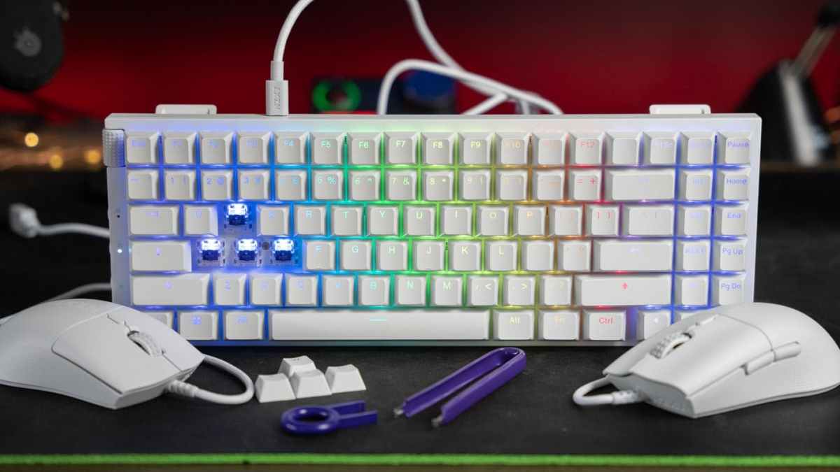 a desk with a computer mouse and keyboard