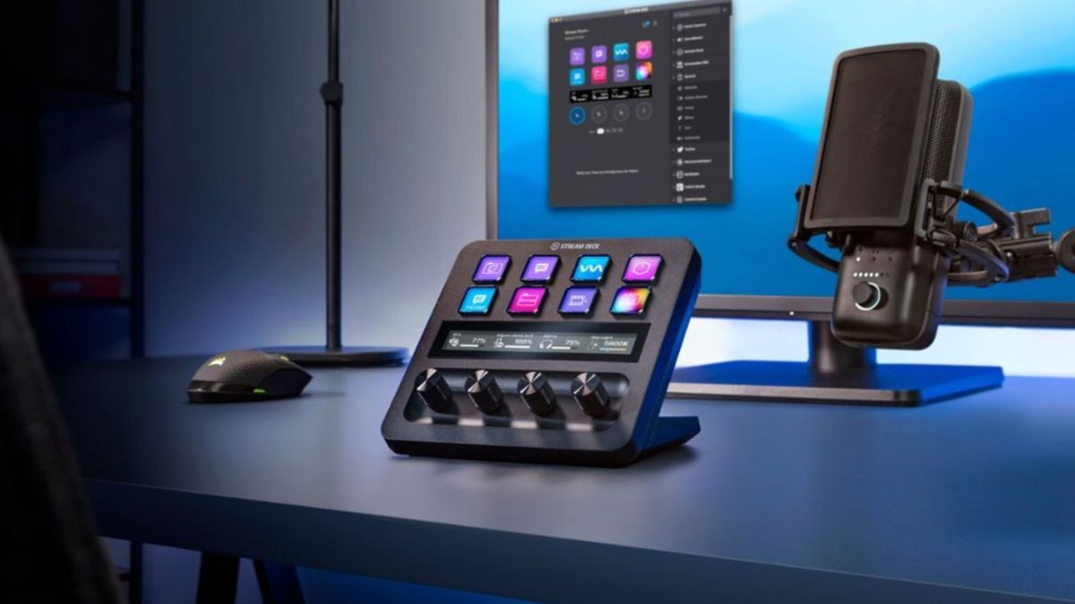 Elgato Stream Deck+ on a desk.