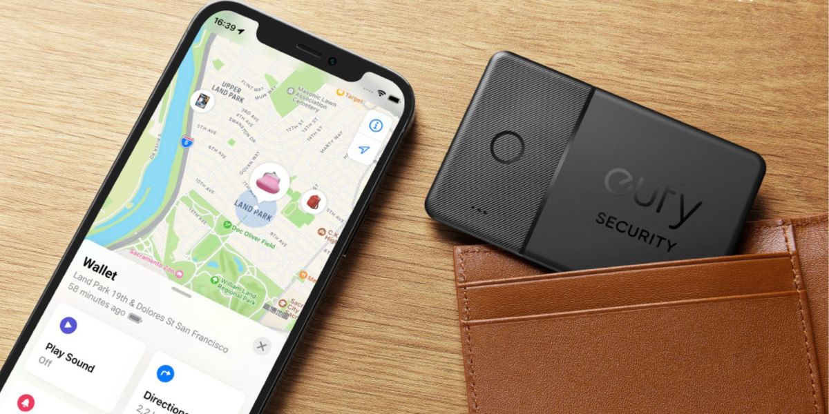 Anker eufy SmartTrack card in a wallet next to an iPhone tracking it.