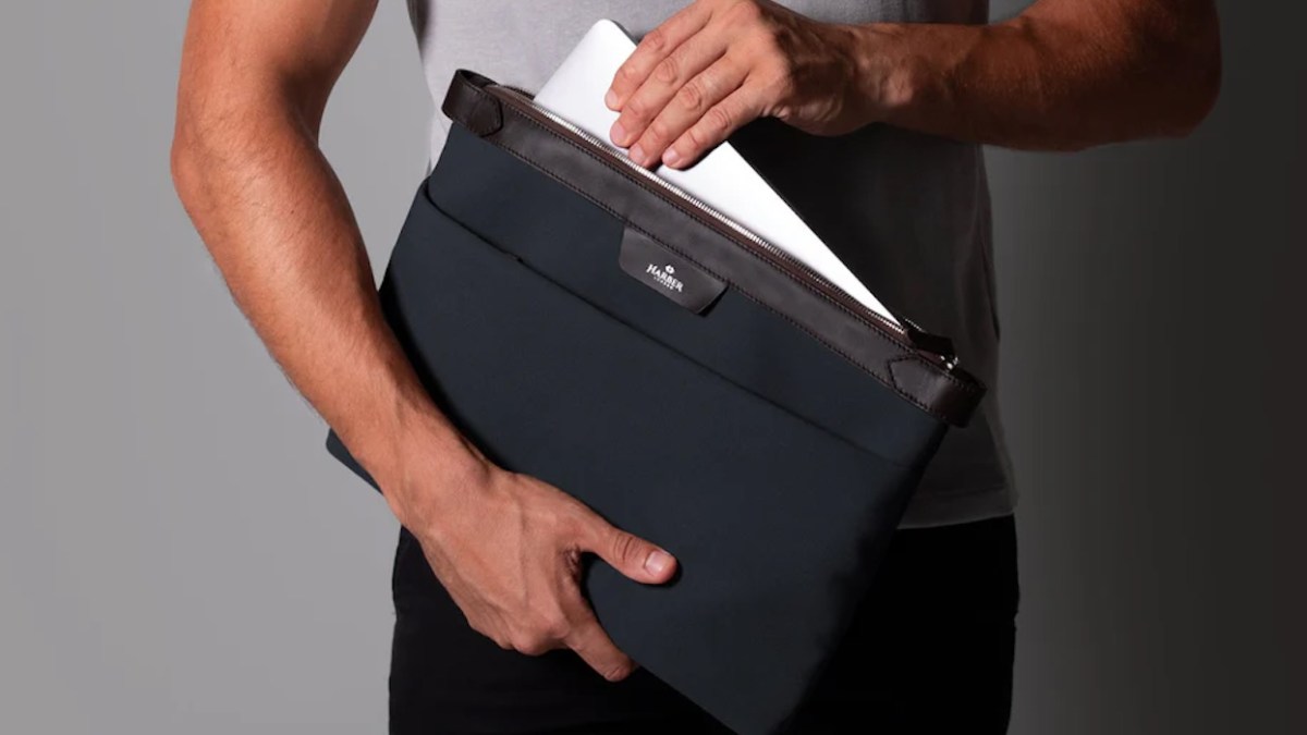 Harber London leather and recycled fabric MacBook sleeve