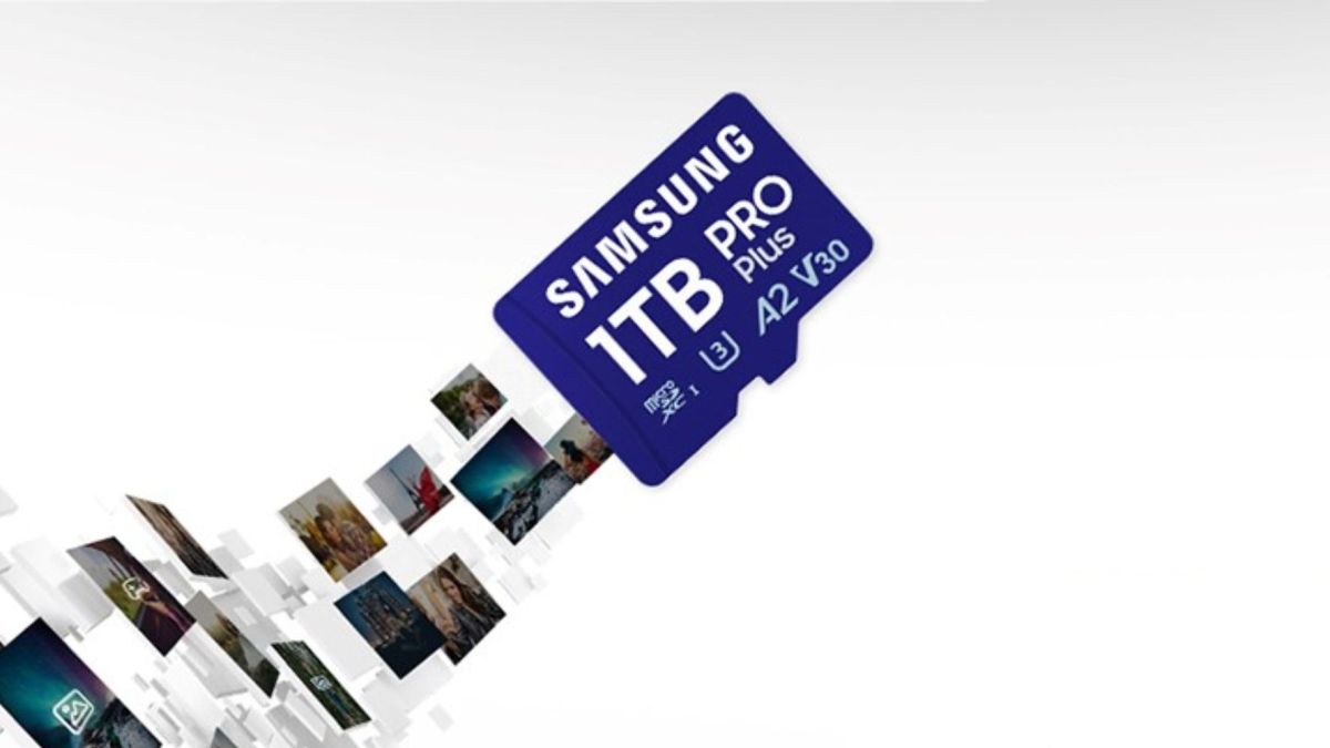 An image showing a render of Samsung's 1TB Pro Plus microSD card.