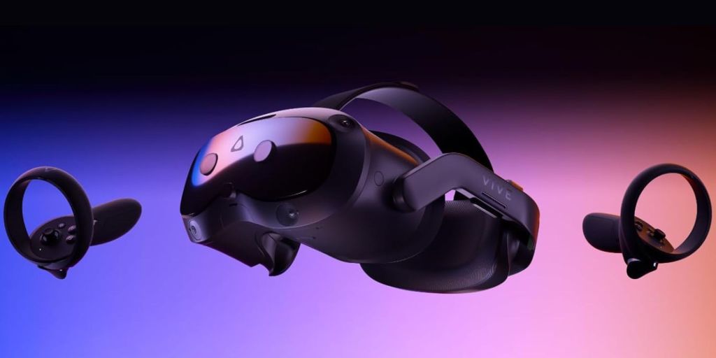 Render of HTC Vive Focus Vision headset with controllers.