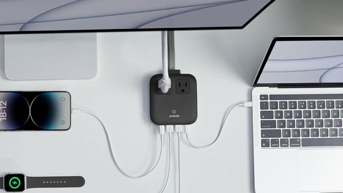 Image showing an Anker charging station powering a bunch of Apple gear.