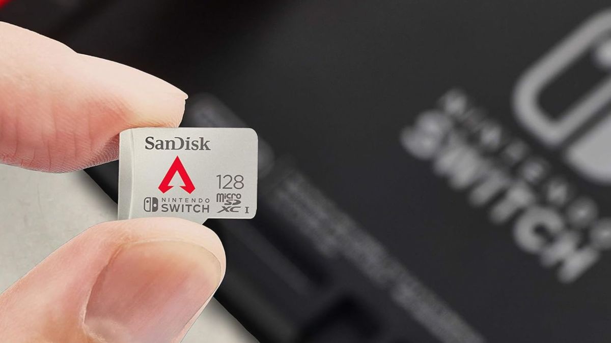 Image showing a person holding SanDisk's 128GB Nitendo Switch microSD card.