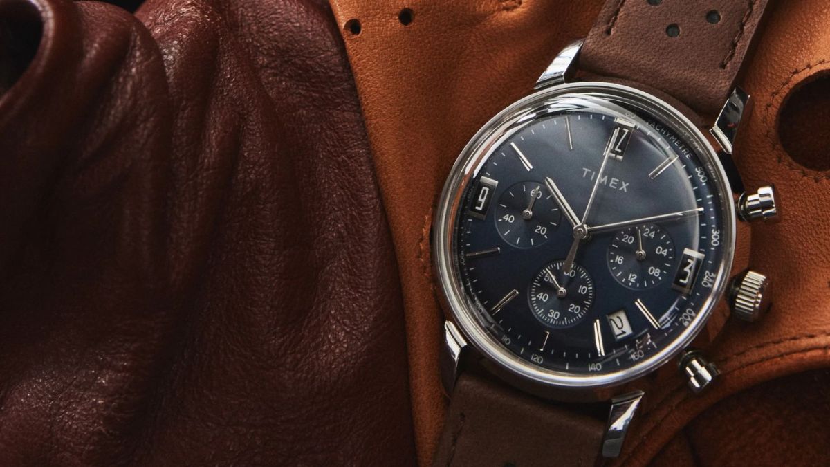 Image showing Timex' Marlin 40mm watch on a leather bag.