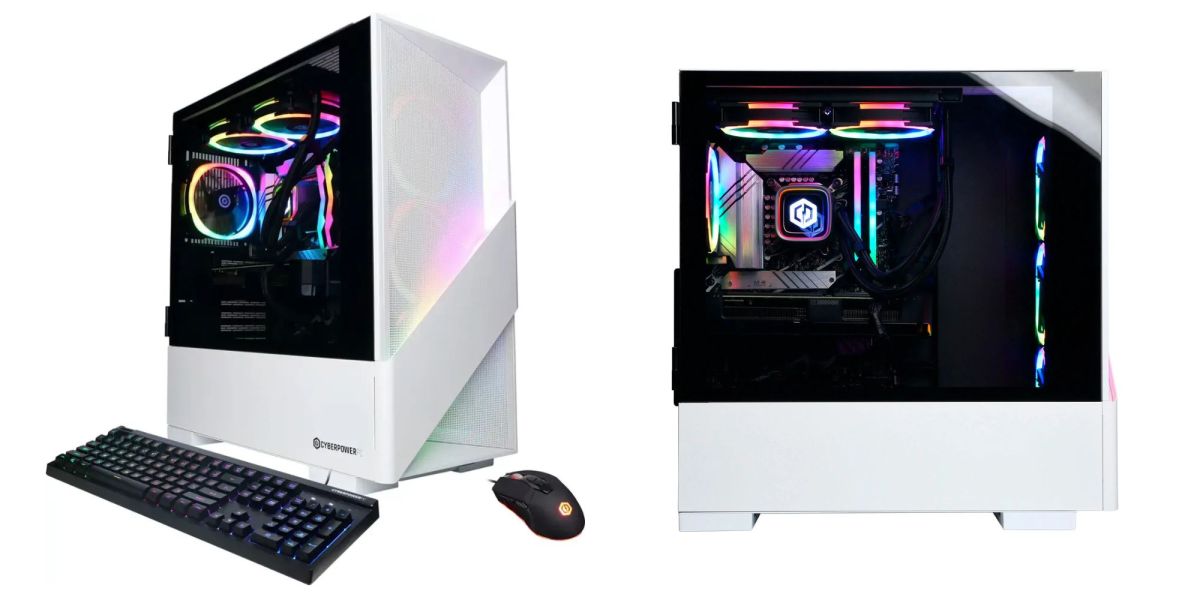 Image showing renders of CyberPowerPC gaming desktop in white.