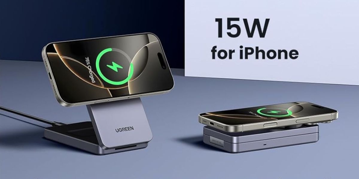 Image showing a render of UGREEN's MagFlow Qi2 2-in-1 charging stand.