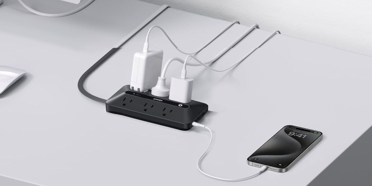 Image showing Anker's 10-port power strip in black on a desk.