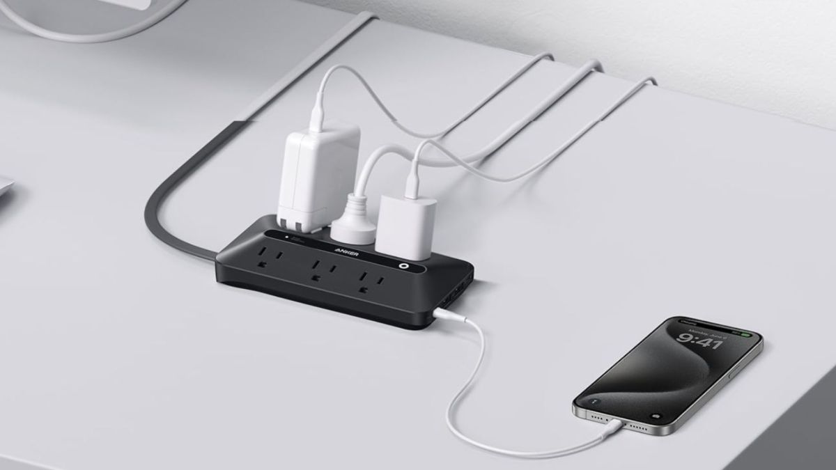 Image showing Anker's 10-port power strip in black on a desk.