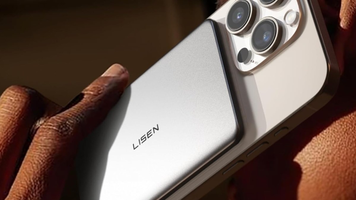 Image showing a person using an iPhone with LISEN's 5,000mAh power bank.