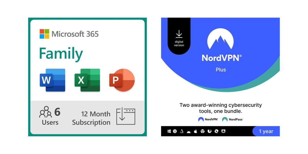 Image showing renders of Microsoft 365 Family and NordVPN Plus.