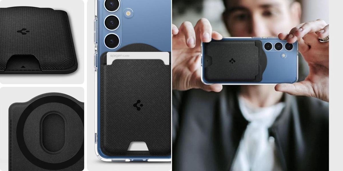 Image showing renders of Spigen's Magnetic wallet for Galaxy S25 series.