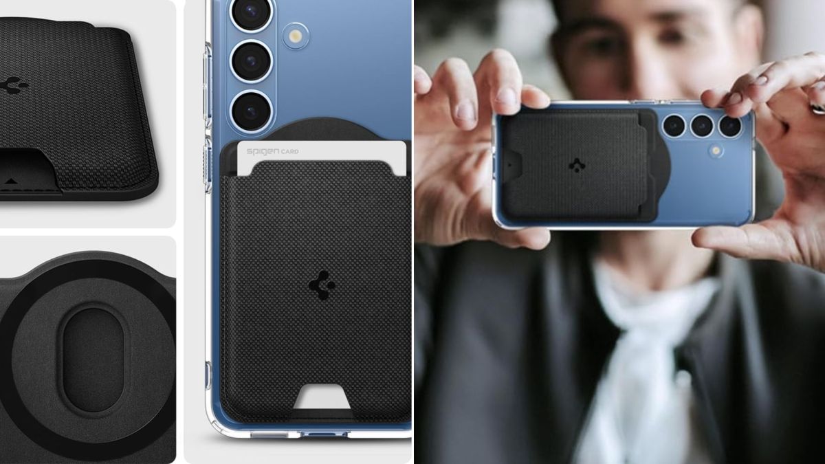 Image showing renders of Spigen's Magnetic wallet for Galaxy S25 series.