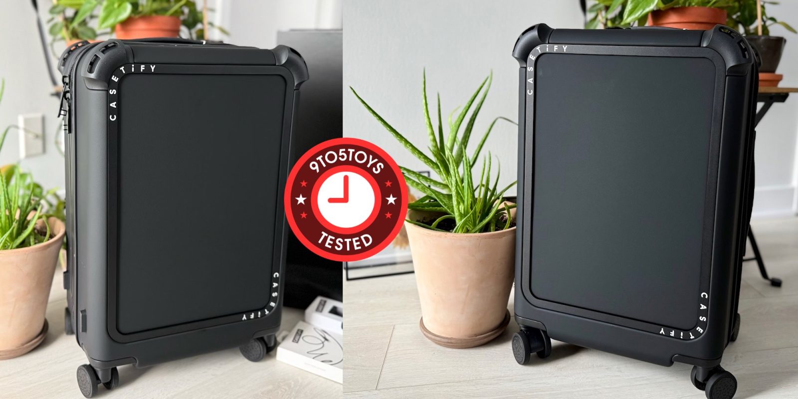 A black suitcase with wheels and a plant in a pot