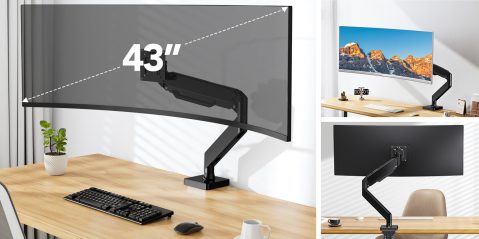 A computer screen with a black arm