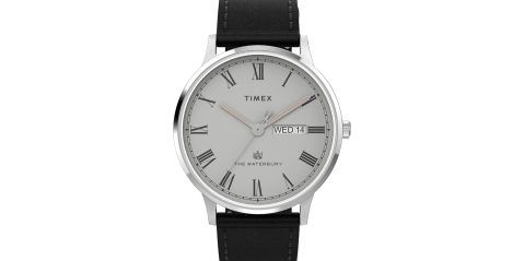 A silver watch with black straps