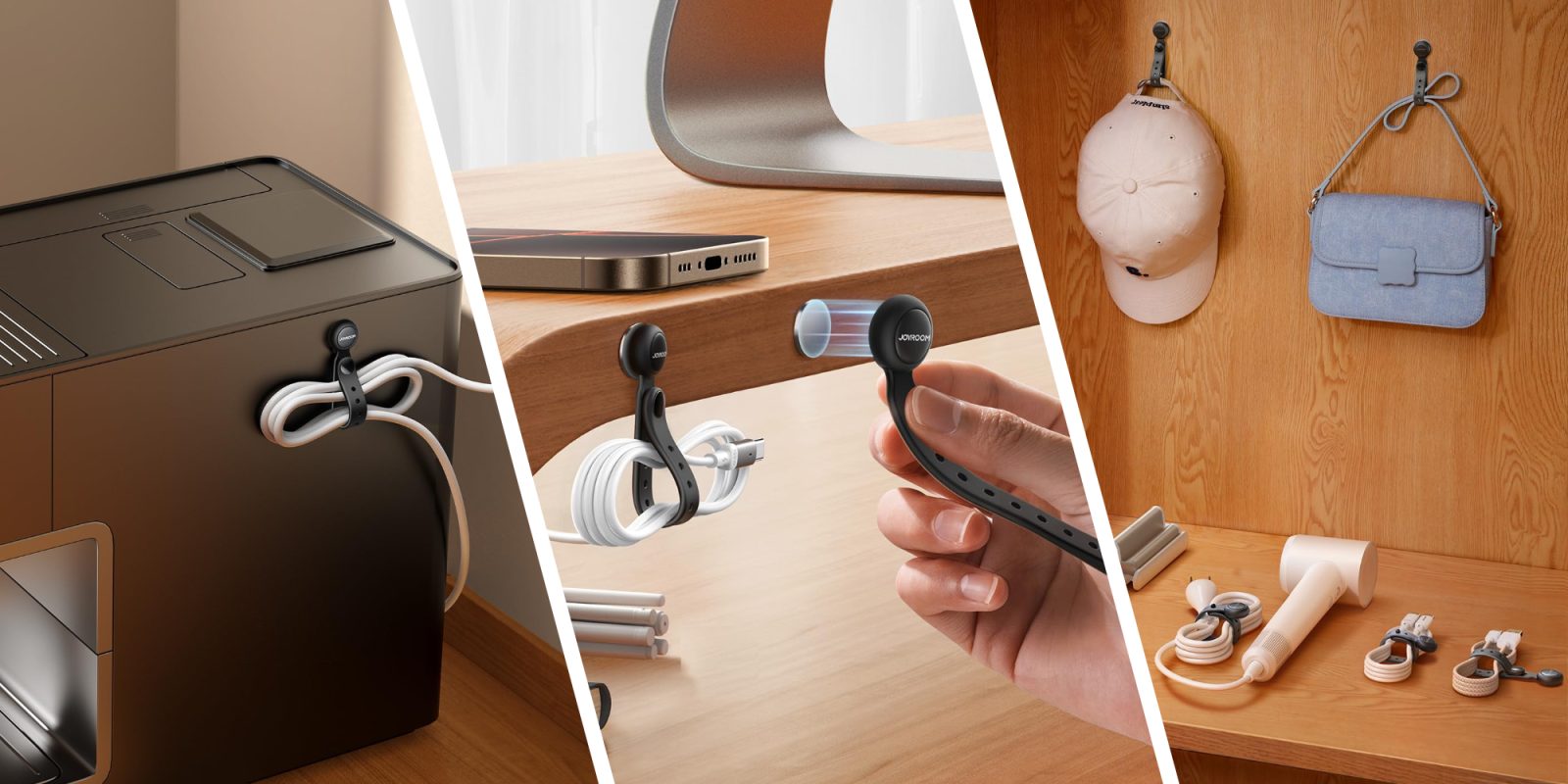 A collage of a hand holding a black object