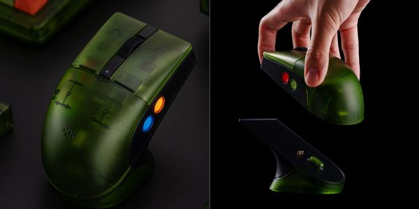 Image showing renders of 8BitDo's Retro R8 mouse and charging dock.