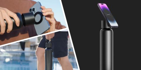 A collage of a man holding a phone