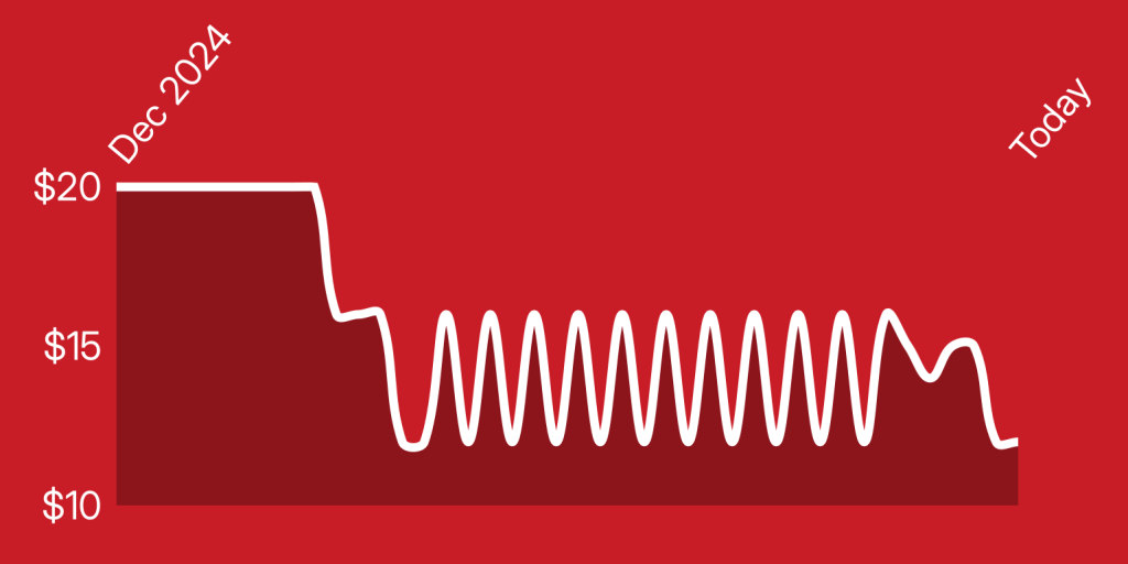 A red background with a line of a tower