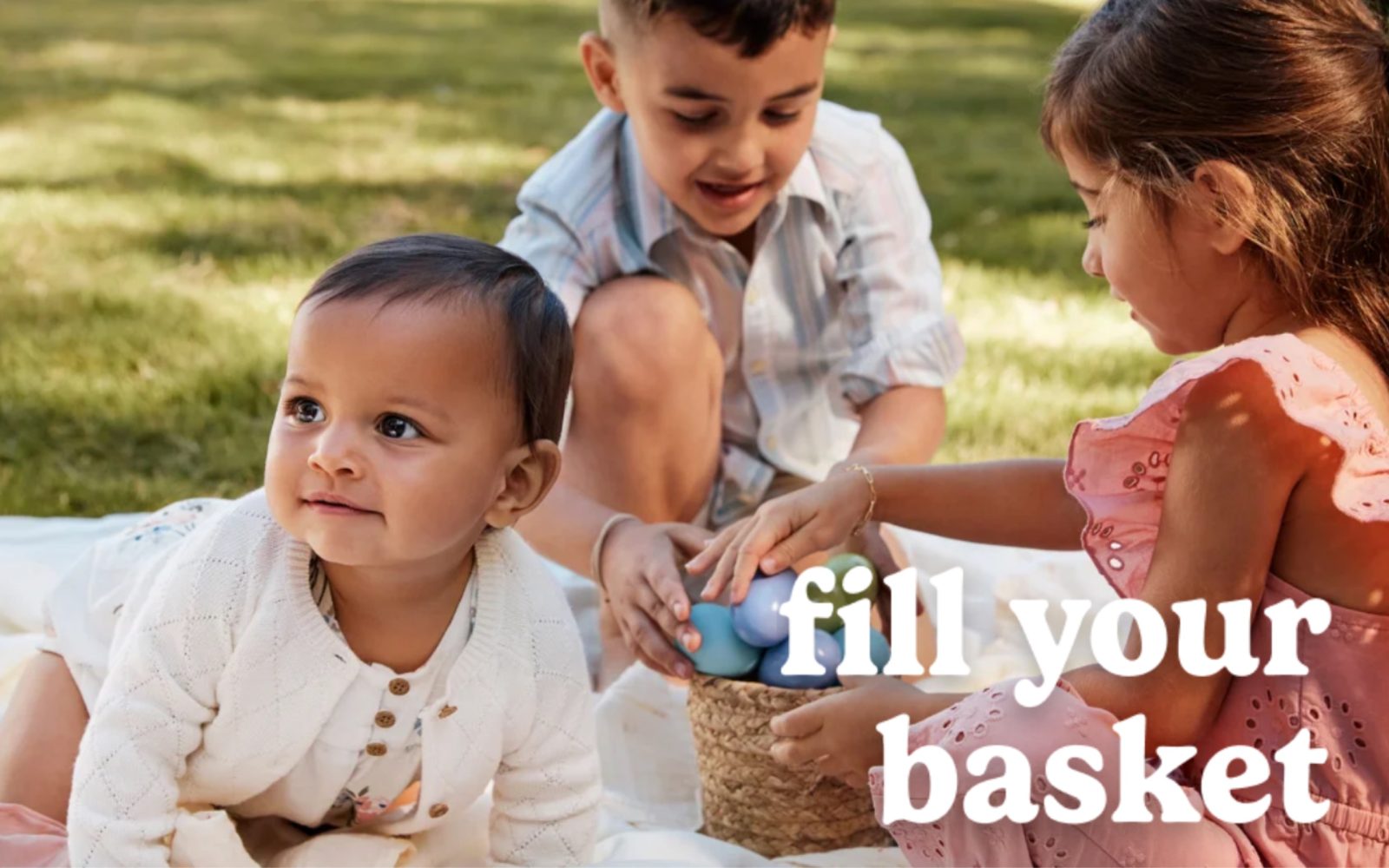 A group of children playing with a basket of eggs