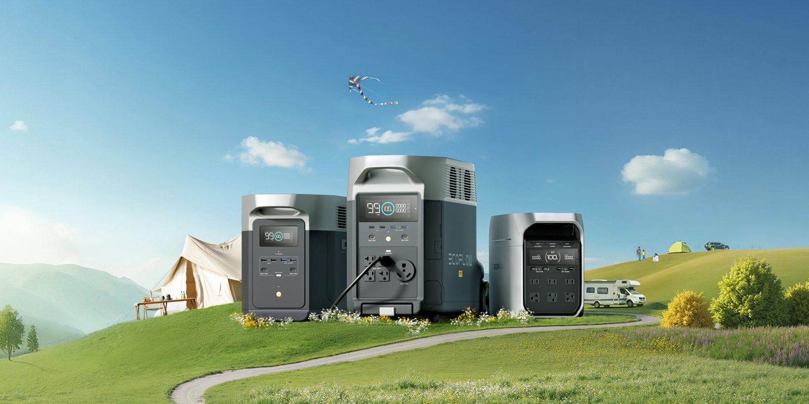 A group of electrical devices on a grassy hill