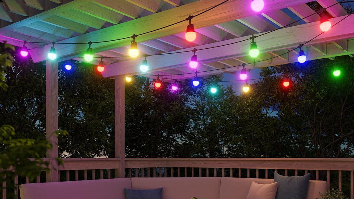 A string of lights on a patio