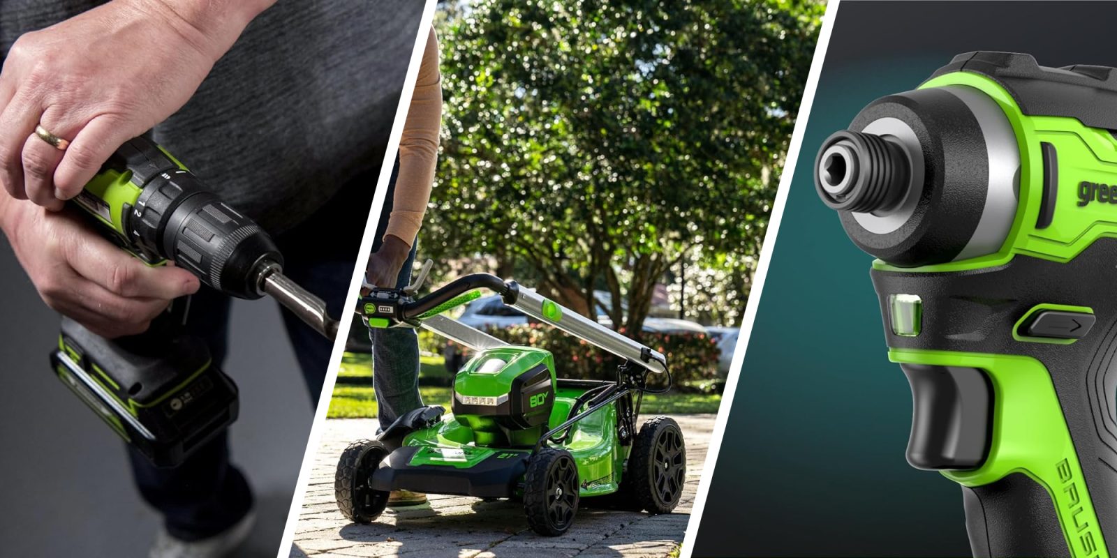A collage of a person using a lawnmower
