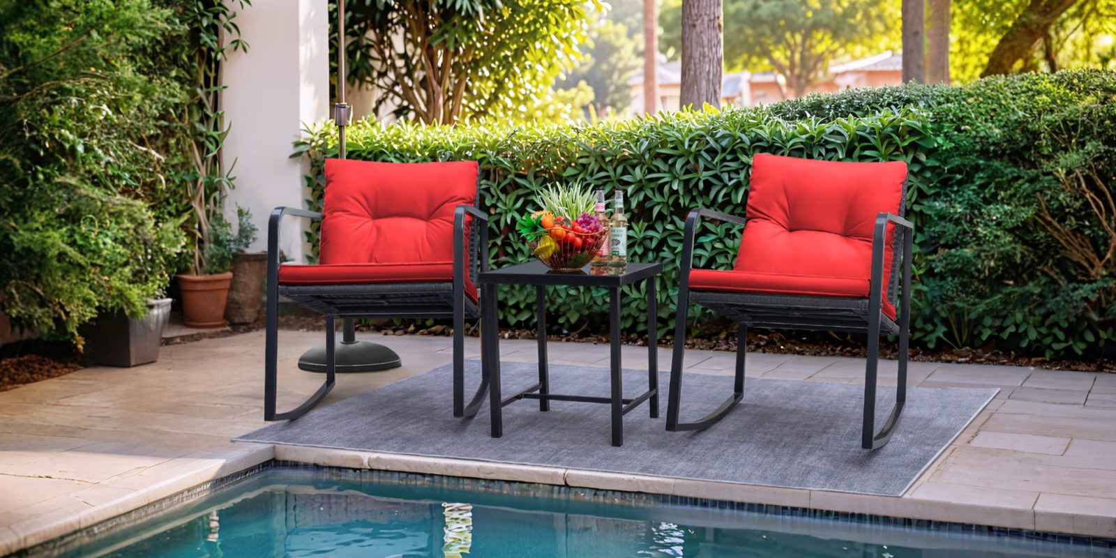 A chair and table by a pool