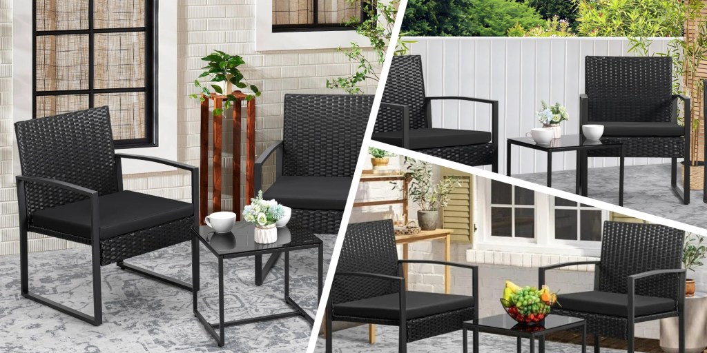 A collage of a patio with chairs and tables