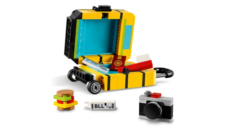 A toy luggage with a camera and other toys