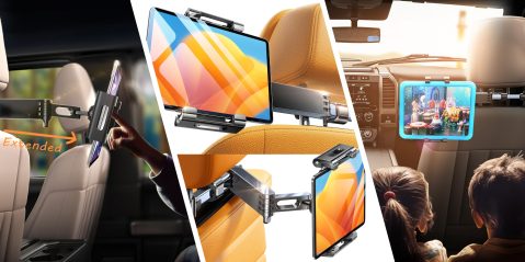 A collage of a car seat with a tablet