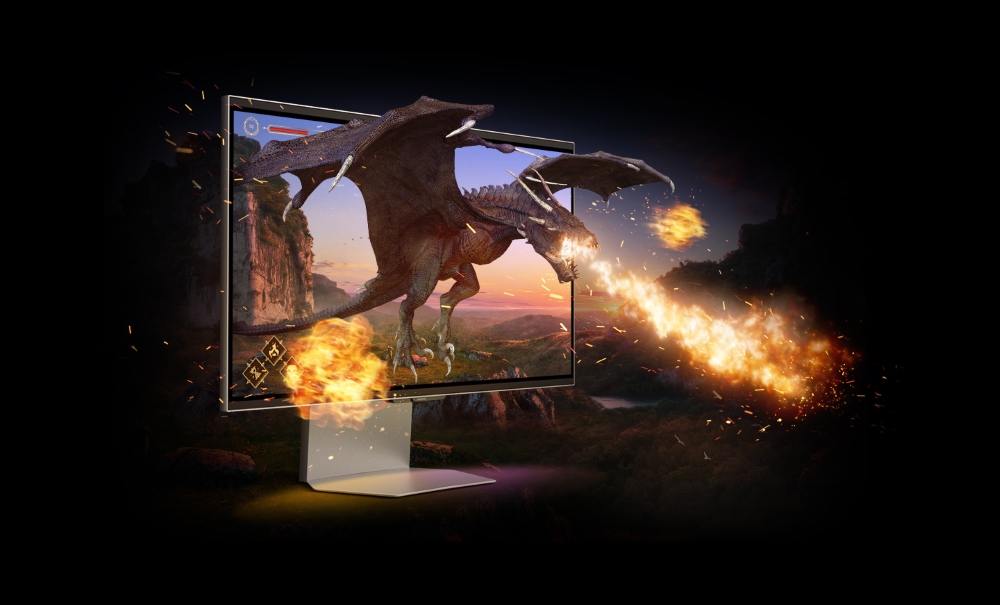 A computer monitor with a dragon on the screen