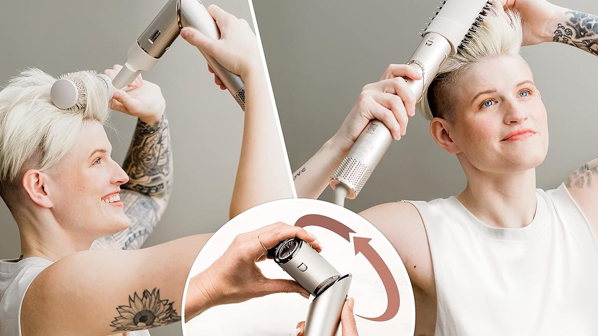 A collage of a woman using a hair dryer