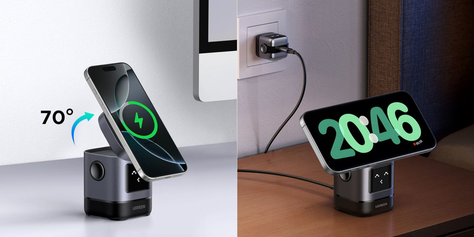 Image showing renders of UGREEN's Uno 2-in-1 Qi2 charging dock.