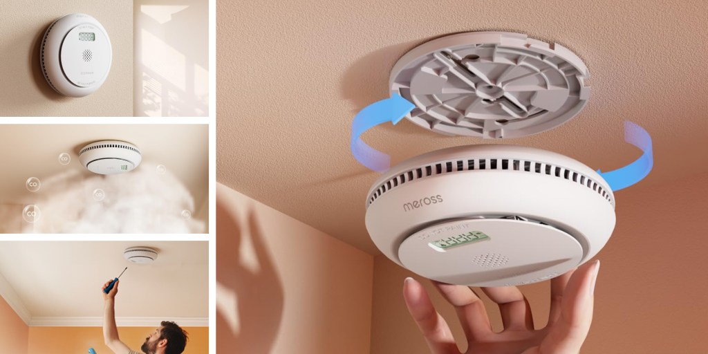 A collage of a person holding a smoke detector