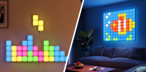 A collage of a room with a couch and a wall with colorful lights