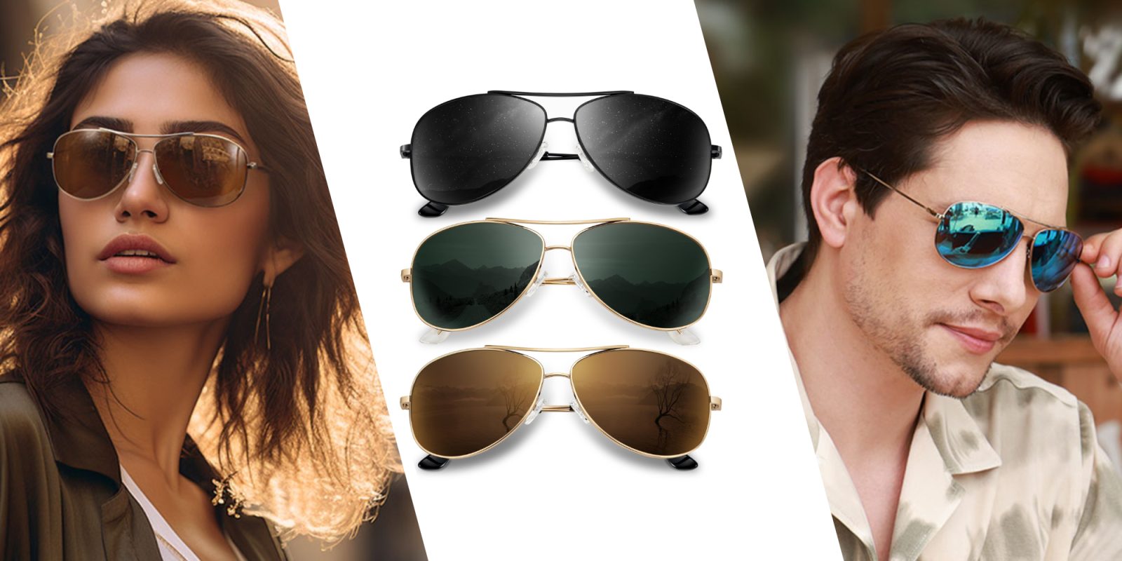 A collage of a woman wearing sunglasses