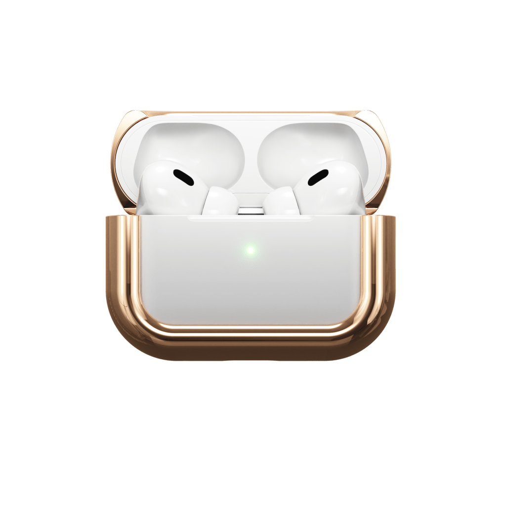 A white and gold wireless earbuds in a case