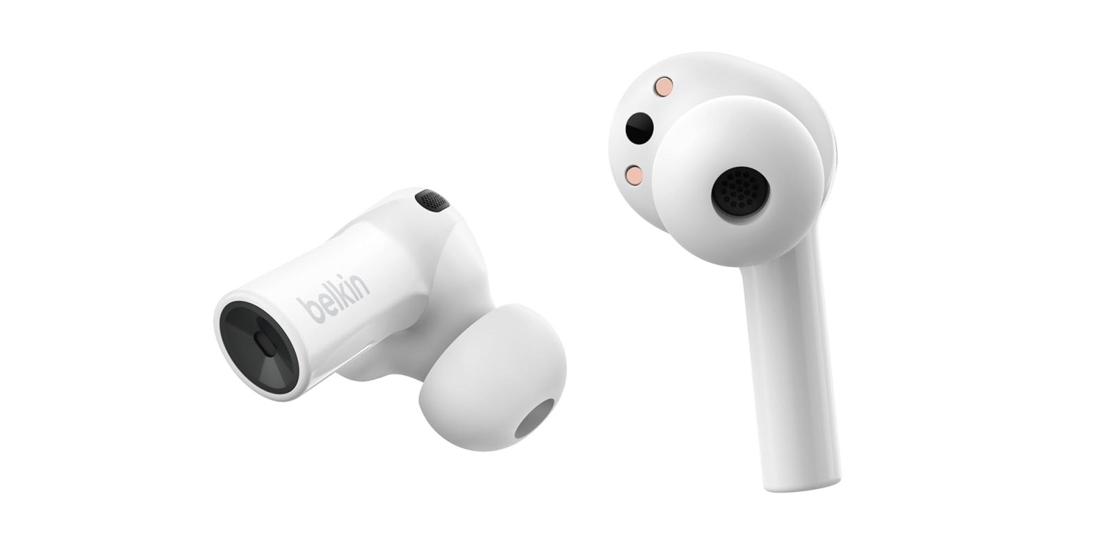 A pair of white earbuds