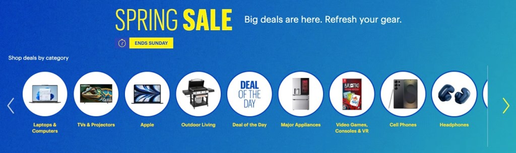 A blue advertisement with white text and images of a grill and refrigerator