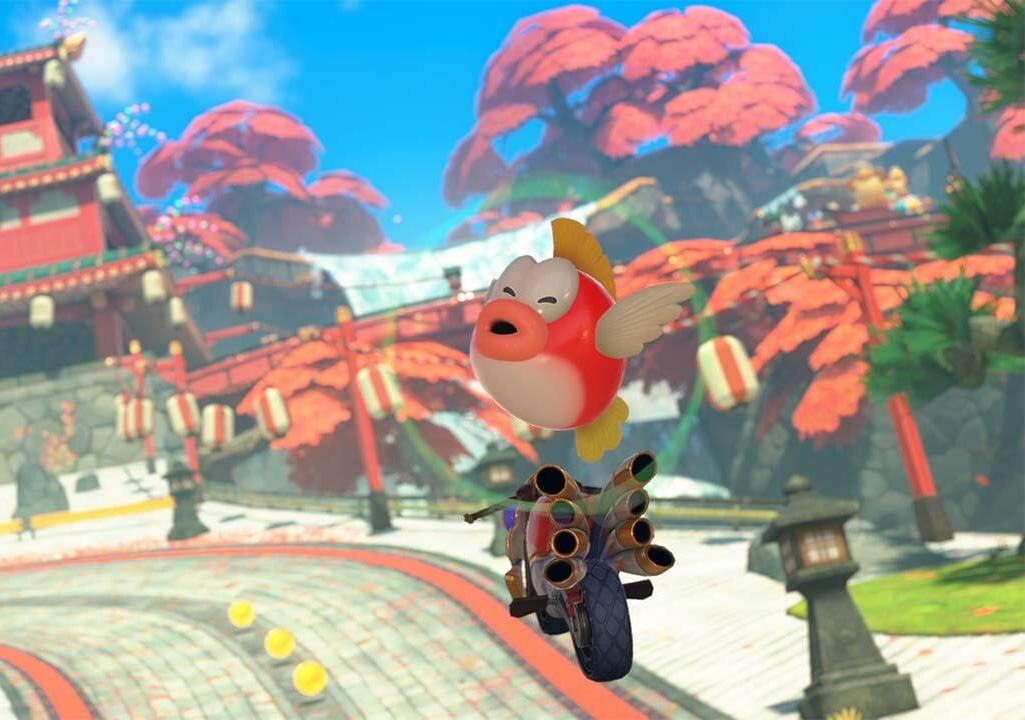 A cartoon bird flying through the air