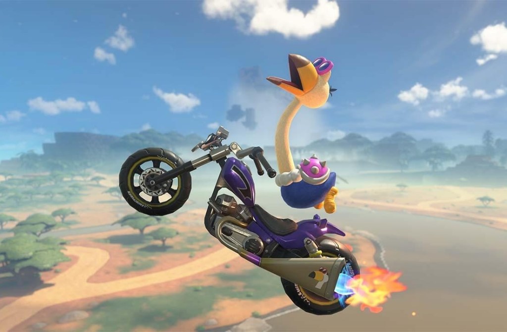 A cartoon bird flying through the air with a motorcycle