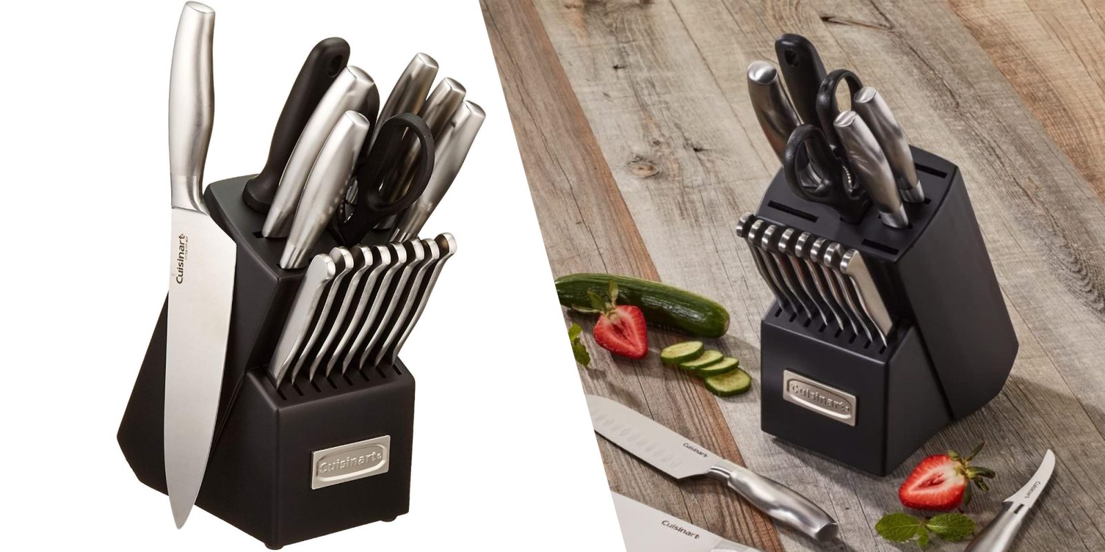 A knife block with knives and vegetables