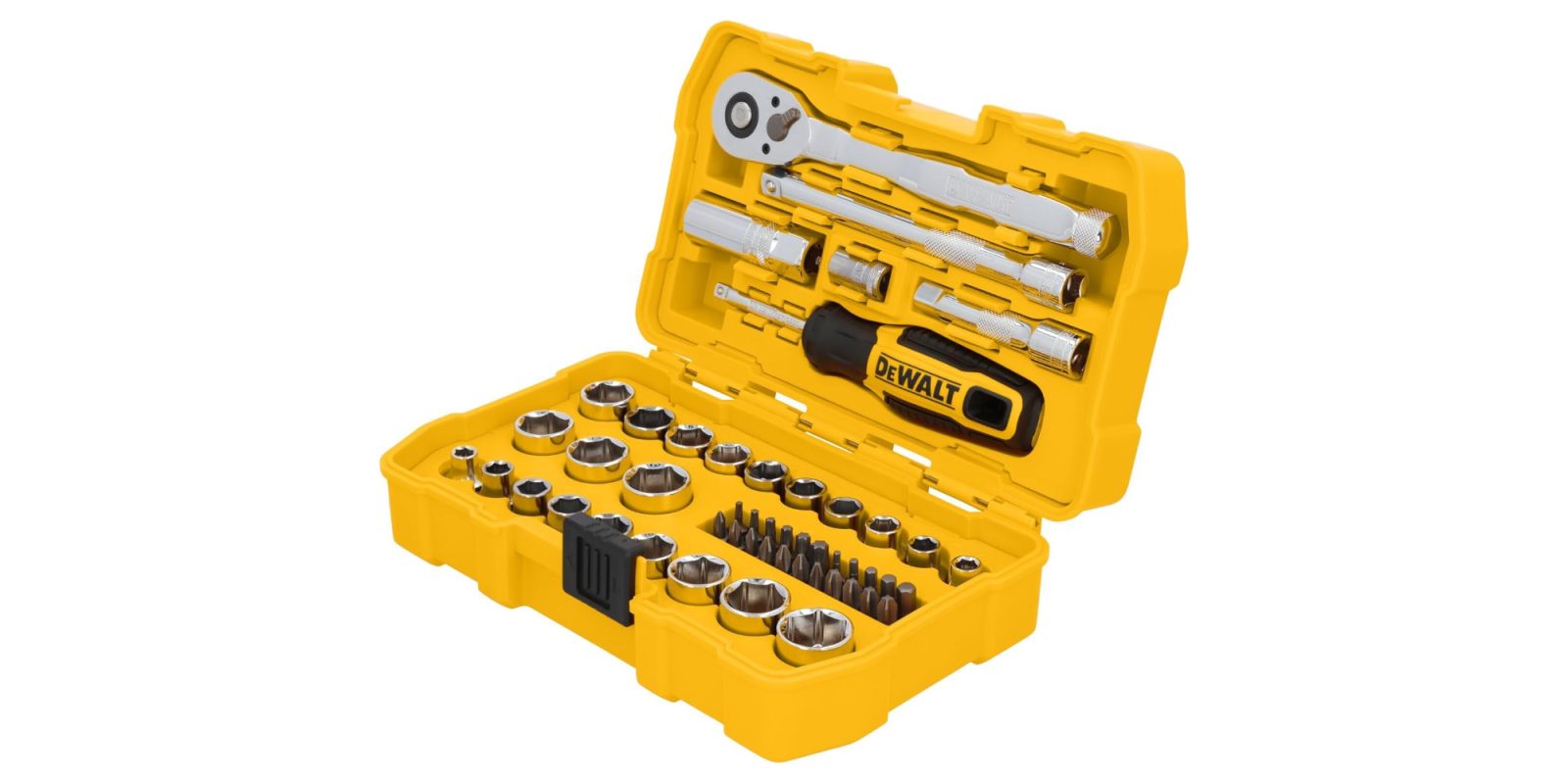A yellow tool box with tools in it