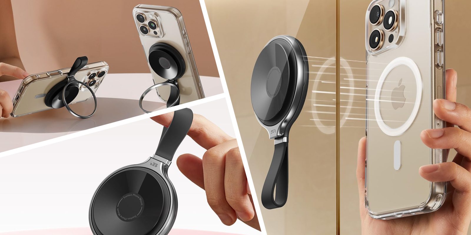 A collage of a phone with a holder