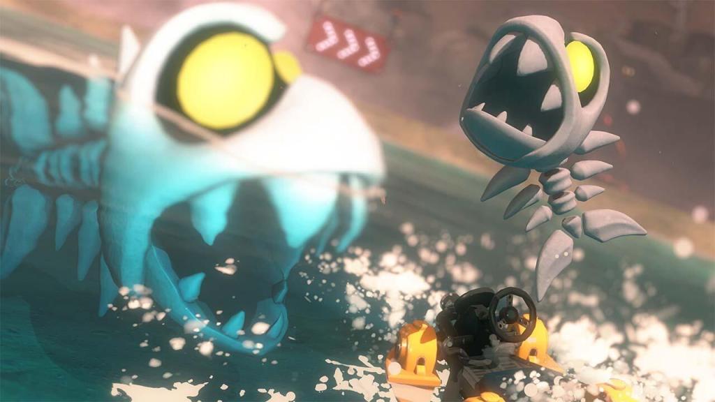 A video game scene of a monster in water